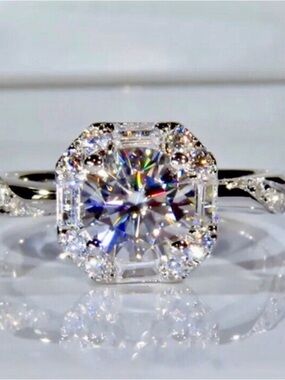 White Gold Round Simulated Diamond Halo Engagement Ring